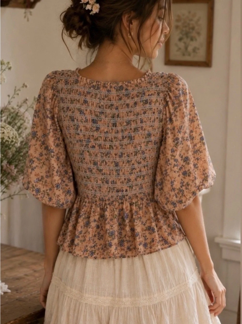 Free The Roses Floral Smocked Peasant Top in Peach